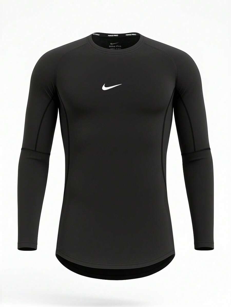 Nike Pro Men's Dri FIit Long-Sleeve Shirts Black - Black and White - View 1