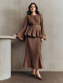 Anewsta 优雅时尚约会之夜新年派对外出专业百搭褶皱鱼尾腰带喇叭袖长款两件套连衣裙，春夏皆宜 - 棕色 - 查看 7