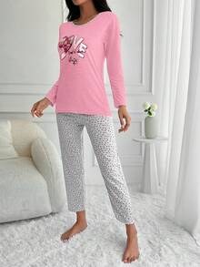 EURMUSE 100% 纯棉爱心与口号图案睡衣套装