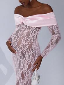 Cheriluna Maternity 孕妇写真露肩长袖连衣裙，正面蝴蝶结设计，收腰，美人鱼蕾丝下摆长裙 - 粉色 - 查看 5