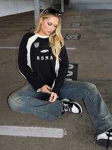 Arliah Tricou damă cu mânecă raglan, model casual, blocuri de culori, mânecă lungă, primăvară/toamnă - Negru - Vizualizare 6