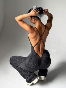 Dewbera Women's Fashionable Leopard Print Criss-Cross Backless Jumpsuit, Summer - Dark Grey - View 6
