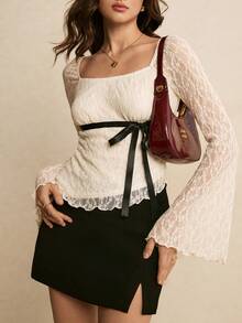 Poéselle 女士象牙色蕾丝方领上衣，薄纱长袖衬衫，饰有缎带蝴蝶结，浪漫复古风，休闲度假春夏秋季情人节外出上衣 - 杏色 - 查看 8