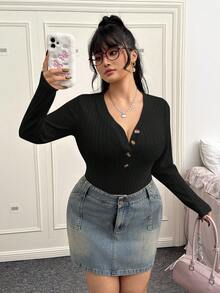 CovetEZ 加大码V领罗纹针织连体衣，粉色，毛绒质感，前开襟纽扣，秋冬款 - 黑色 - 查看 6