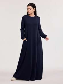 Veilorie 女士休闲纯色长款阿拉伯风格连衣裙，春秋季节，朴素长袖连衣裙，非常适合海滩/休闲/度假/家居服/日常穿着 - 藏蓝色 - 查看 3