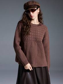 MYSTAURA Sweater Rajut Longgar Wanita Kasual Sehari-hari, Warna Polos Sederhana, Bahu Jatuh, Model Kabel, Musim Gugur/Dingin - Coklat - View 1