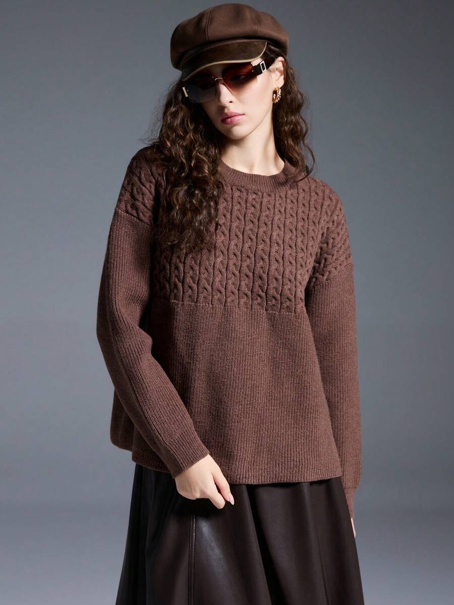 MYSTAURA Sweater Rajut Longgar Wanita Kasual Sehari-hari, Warna Polos Sederhana, Bahu Jatuh, Model Kabel, Musim Gugur/Dingin - Coklat - View 1