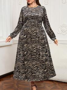 EMERY ROSE Robe élégante à manches lanternes et taille cintrée en velours imprimé zébré pour femmes grandes tailles, printemps/automne - Multicolore - Voir 2