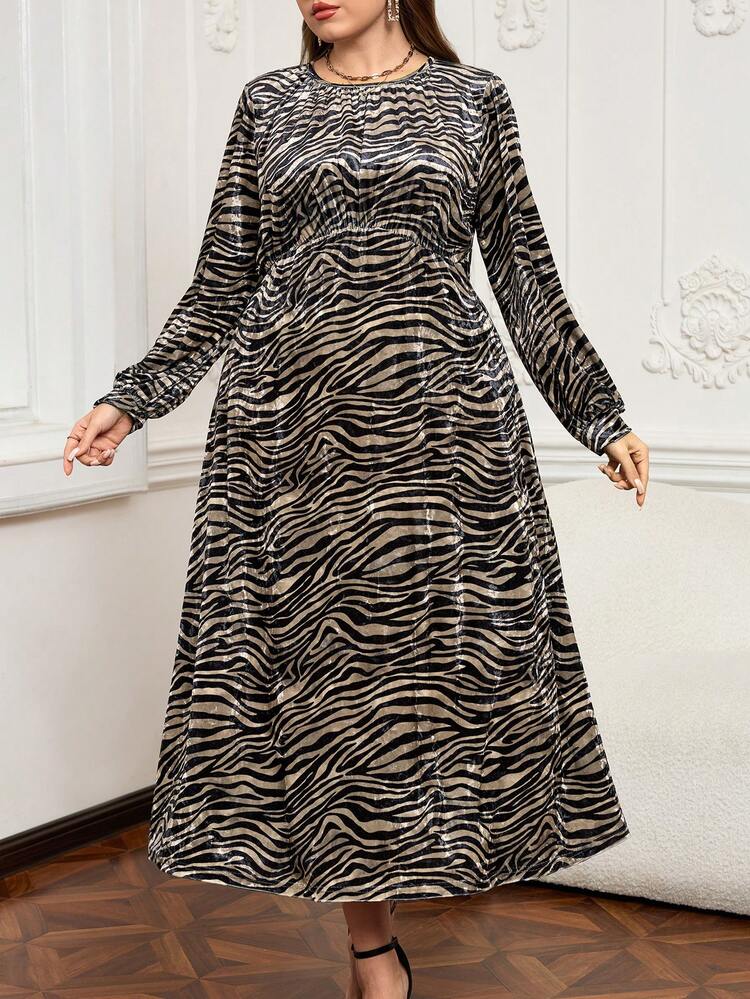 Plus Size Women's Elegant Zebra Print Velvet Lantern Sleeve Waist Cinched Dress, Spring/Autumn Winter Outfit For Women Christmas Outfit For Women New Year Clothes Leopard Dress Plus Size Plus Size Dress Zebra Print Plus Size Dresses For Women Long Sleeve Long Sleeve Dress Animal Print Plus Size Valentine's Day, Mother Clothing, Comfortable And Casual Spring Break Outfits