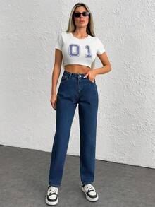 EURMUSE 100%Cotton Snow Washed Cropped Mom Fit Jeans - Medium Wash - View 4