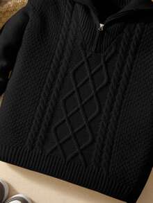 SHEIN Young Boy Solid Color Long Sleeve Zipper Sweater,In Fall/Winter - Black - View 5
