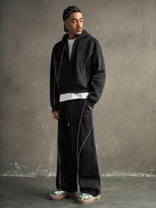 AXEPEAK Men's Contrast Trim Zip-Up Hoodie And Pocket Sweatpants Set - Black - View 3