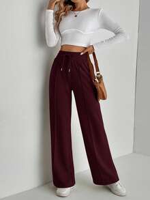 SHEIN Tall Quần thể thao nữ ống rộng màu đỏ tía, chất liệu vải dệt kim, kiểu dáng thường ngày, có dây rút và túi. - Màu Đỏ Sâu - Xem 7