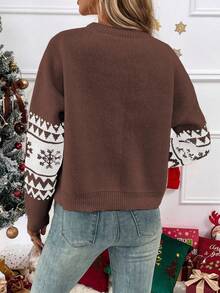 SHEIN LUNE Sweater Kasual Wanita Motif Rusa dengan Bahu Longgar, Musim Gugur/Dingin - MultiWarna - View 2