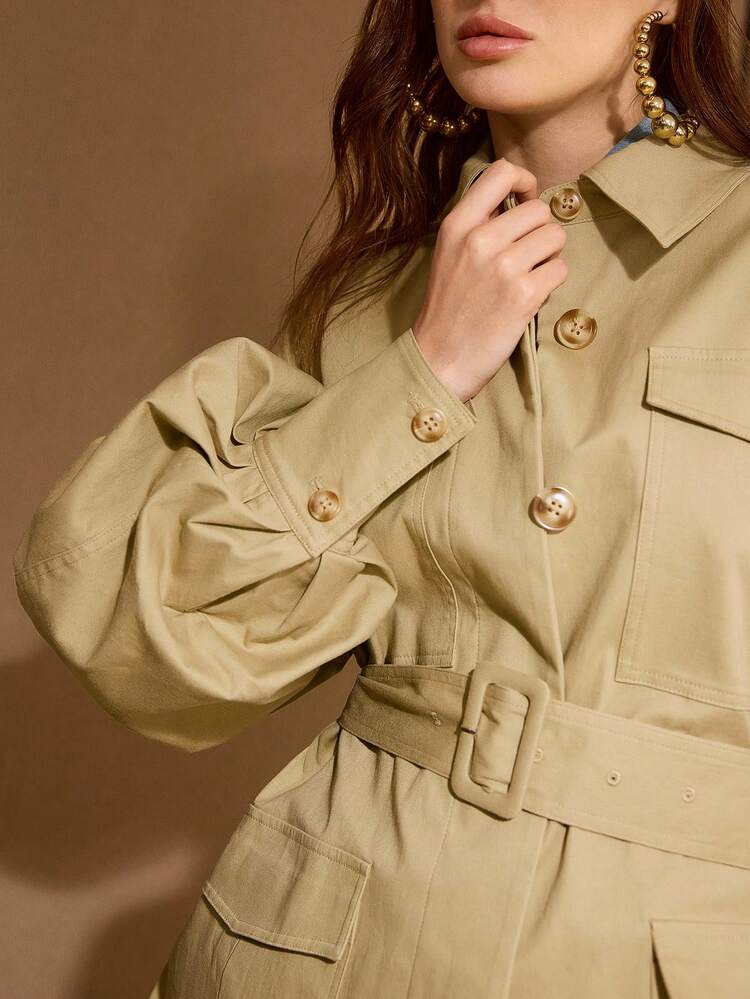 WOMEN'S OVERSIZED POCKET DESIGN LOOSE FIT PURE COTTON BELTED TRENCH COAT