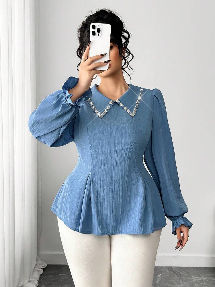 SHEIN Elenzya بلوزة نسائية ذات ياقة لؤلؤية أنيقة للسفر والتنقل للمقاسات الكبيرة - الأزرق - مشاهدة 8