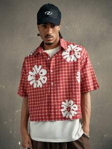 AXEPEAK Men's Casual Plaid & Letter Print Short Sleeve Shirt, Summer - Multicolor - View 4