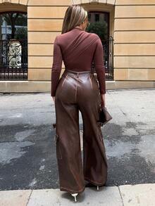 Maria Perezxox Quần Cargo PU Distressed cho nữ phong cách cổ điển Maillard - Cà phê nâu - Xem 2