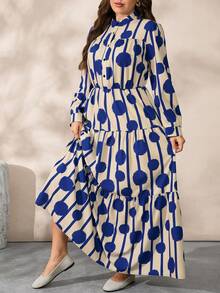 EMERY ROSE Plus Size Women's Polka Dot Print Stand Collar Waist Patchwork Long Sleeve Dress - Blue - View 3