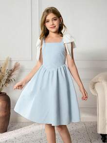 少女优雅别致奢华蓝色提花性感吊带可爱白色蝴蝶结可拆卸腰部荷叶边华丽连衣裙 - 藍色 - 查看 1