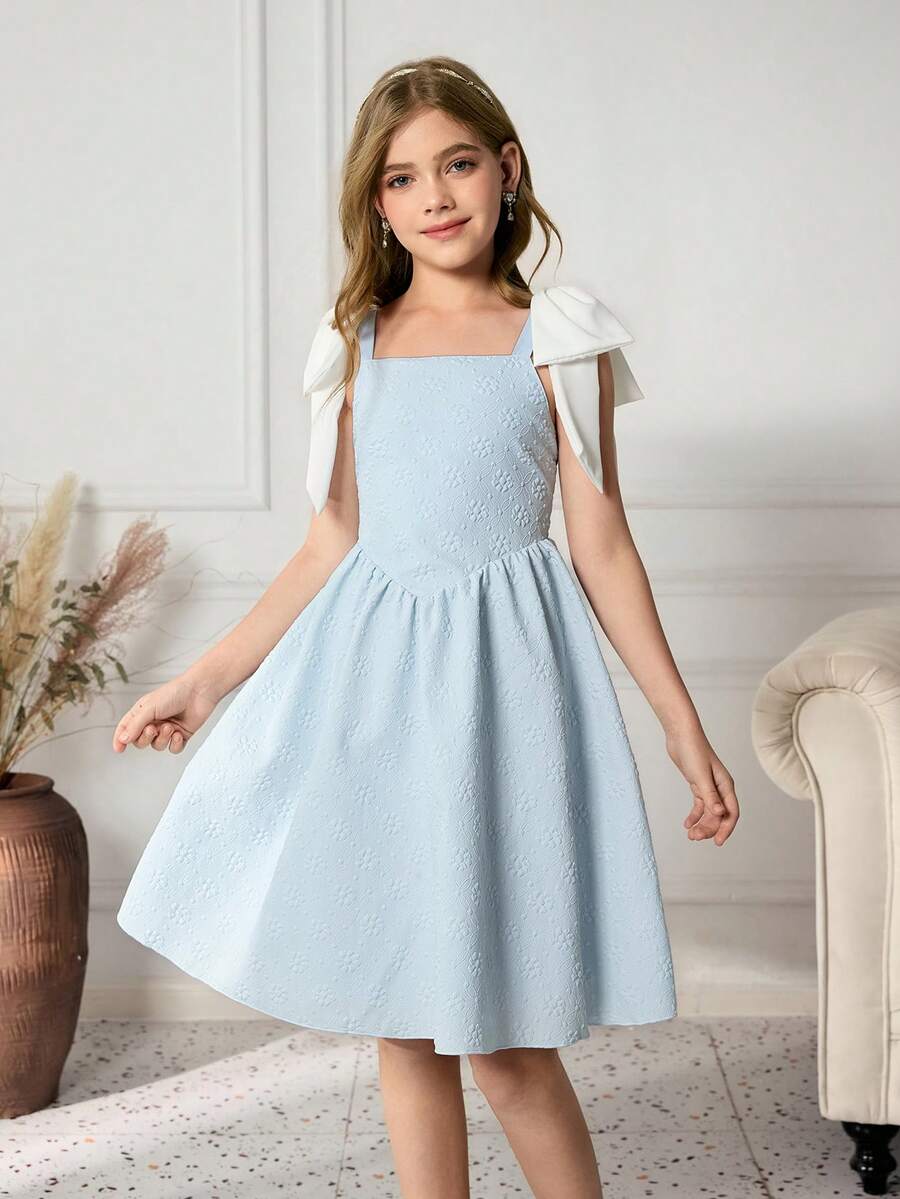 少女优雅别致奢华蓝色提花性感吊带可爱白色蝴蝶结可拆卸腰部荷叶边华丽连衣裙 - 藍色 - 查看 1