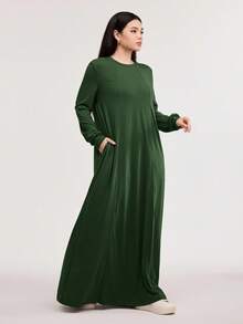 Veilorie 女士休闲纯色阿拉伯风格长款连衣裙，春秋季款，款式端庄，适合海滩/休闲/度假/居家/日常穿着。 - 墨綠色 - 查看 4