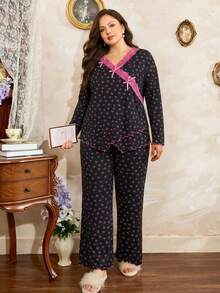 Côtesoire 大码女式黑色不规则蕾丝V领粉色蝴蝶结花卉印花柔软牛奶丝长袖上衣和裤子两件套休闲家居服套装 - 粉色 - 查看 6