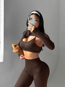 Dewbera Women's Solid Color Long Sleeve Top + Camisole + High Waist Pants Sports Suit - Coffee Brown - View 7
