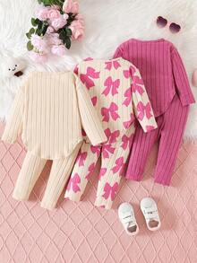 SHEIN Set de 6 topuri cu imprimeu fluturi și tiv curbat + pantaloni imprimați în culori solide, ținută drăguță, casual, versatilă, pentru toamnă - Roz - Vizualizare 2