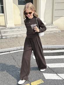 SHEIN Serisse Kids Tween Girls 纯咖啡色纹理针织侧褶紧身长袖 T 恤和阔腿裤两件套，基本款，日常款，适合返校 - 棕色 - 查看 8