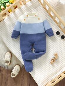 1件婴儿蓝色条纹针织连体衣，圆领长袖撞色新生儿休闲连体衣 - 藍色 - 查看 5