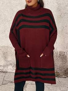 SHEIN LUNE 大码休闲撞色条纹高领蝙蝠袖毛衣，秋冬款 - 彩色 - 查看 4