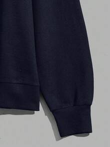 Plus Size 100% Cotton Men's Smile Embroidered Fitted Hoodie - Navy Blue - View 6