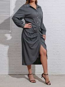 SHEIN LUNE Vestido elegante de manga larga con botones y fruncido en la parte delantera, de unicolor, talla grande - Gris - Ver 4
