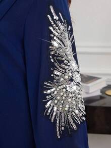 SHEIN Najma Elegant Party Sequin & Beaded Decor Notched Neck Dress - Blue - View 3