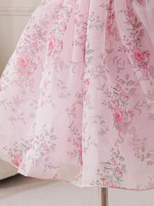 SHEIN Glamorique Kids 小女孩公主裙，花卉印花，蝴蝶结装饰，泡泡袖，适合生日派对、婚礼、节日、舞会等场合。 - 粉色 - 查看 7