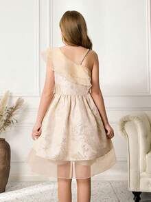 Tween Girls Elegant Jacquard Satin Asymmetric Ruffle Hem A-Line Mini Dress - Apricot - View 2