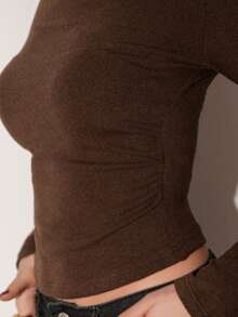 Bris Aura F21 女士纯色简约优雅日常穿着长袖修身 T 恤 - 棕色 - 查看 3