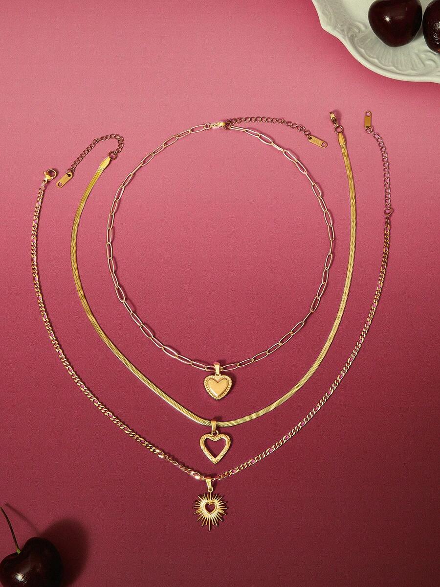 Glisma 3 件不锈钢金黄色爱心系列 3 种不同款式的项链和吊坠，长度可调节，可堆叠或单独佩戴，适合日常装饰或送礼情人节、妈妈、母亲、母亲节、礼物 - 金黃色 - 查看 1
