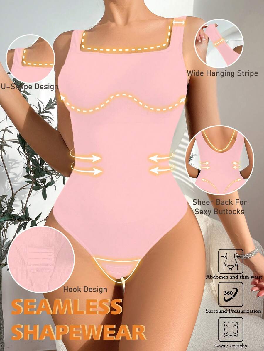 1pc Seamless Women's Shaping Bodysuit With Thong - Pink - View 1