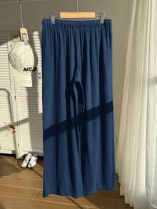 Comfortcana 大码女装夏季纯色纹理褶皱面料宽松抽绳腰带棉质休闲阔腿裤，适合度假穿着 - 藍色 - 查看 2