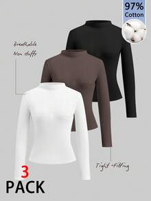 Tseoso 97% Baumwolle 3 Stücke Set Damen Langarm T-Shirts mit hohem Kragen - Schwarz, Weiß & Braun, vielseitig einsetzbare Layering Tops für den Herbst/Winter, für den täglichen Gebrauch, drinnen/Outdoor, Soft Girl, Vintage, Old Money Stil, Rückkehr zur Schule & Geschenk - Verschiedenfarbig - Übersicht 1