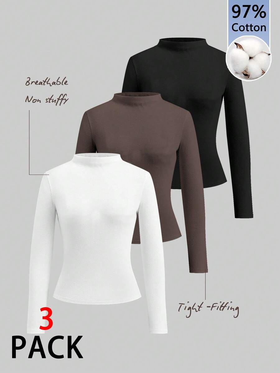 Tseoso 97% Baumwolle 3 Stücke Set Damen Langarm T-Shirts mit hohem Kragen - Schwarz, Weiß & Braun, vielseitig einsetzbare Layering Tops für den Herbst/Winter, für den täglichen Gebrauch, drinnen/Outdoor, Soft Girl, Vintage, Old Money Stil, Rückkehr zur Schule & Geschenk - Verschiedenfarbig - Übersicht 1