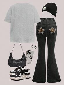 SHEIN Leap Crew Bộ 2 áo thun tay ngắn cổ tròn họa tiết da báo và ngôi sao dáng rộng cho bé gái tuổi teen và quần ống loe, phù hợp cho mùa thu - trắng - Xem 2