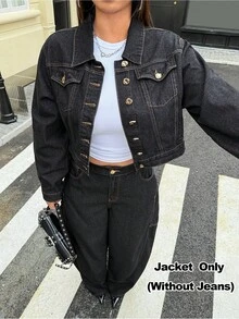 Jeanoix Plus Size Women's Fashionable Casual Washed Jacket - Black - View 1