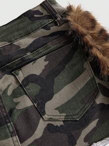 ROMWE J-Fashion Y2K 工装风迷彩豹纹人造毛皮低腰牛仔迷你裙 - 彩色 - 查看 4