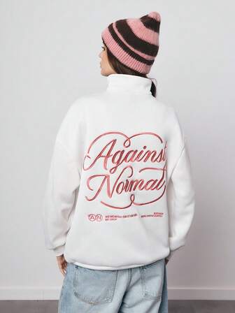 SURIMA Women's White Loose Embroidery Letters Half-Zip High Neck Fleece Sweatshirt, Suitable For Autumn/Winter