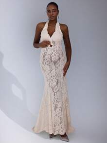 Cheriluna Maternity 孕妇摄影礼服，露背蝴蝶结蕾丝美人鱼长裙 - 杏色 - 查看 1