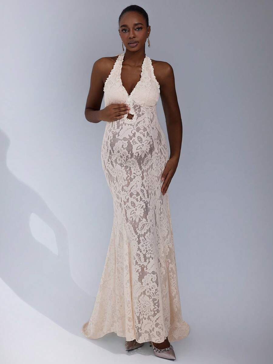 Cheriluna Maternity 孕妇摄影礼服，露背蝴蝶结蕾丝美人鱼长裙 - 杏色 - 查看 1