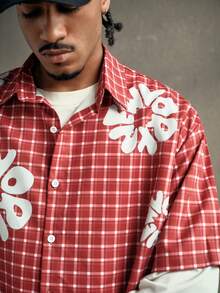 AXEPEAK Men's Casual Plaid & Letter Print Short Sleeve Shirt, Summer - Multicolor - View 5